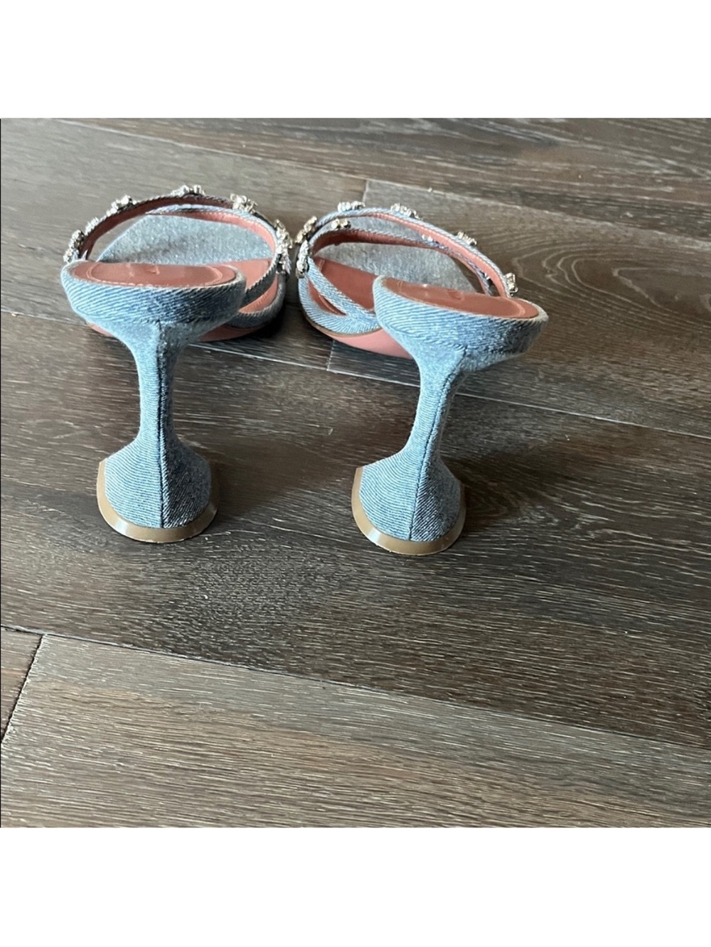 Amina Muaddi Glitter Blue Strappy Mules with Blush Insole - Picture 3 of 4